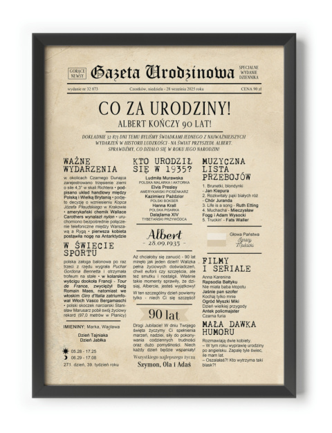 PREZENT na 90 URODZINY dziewięćdziesiątkę - PERSONALIZOWANY PLAKAT