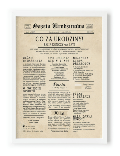 PREZENT na 90 URODZINY dziewięćdziesiątkę - PERSONALIZOWANY PLAKAT