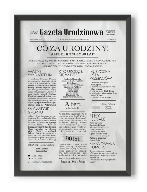 PREZENT na 90 URODZINY dziewięćdziesiątkę - PERSONALIZOWANY PLAKAT