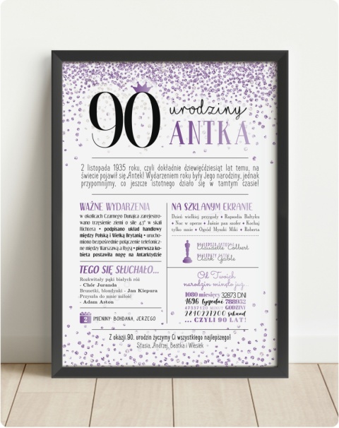 PREZENT na 90 URODZINY dziewięćdziesiątkę - PERSONALIZOWANY PLAKAT
