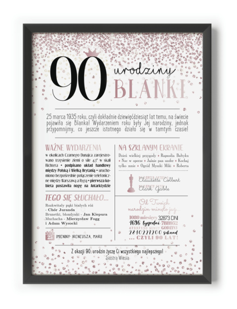 PREZENT na 90 URODZINY dziewięćdziesiątkę - PERSONALIZOWANY PLAKAT