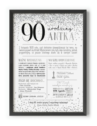 PREZENT na 90 URODZINY dziewięćdziesiątkę - PERSONALIZOWANY PLAKAT