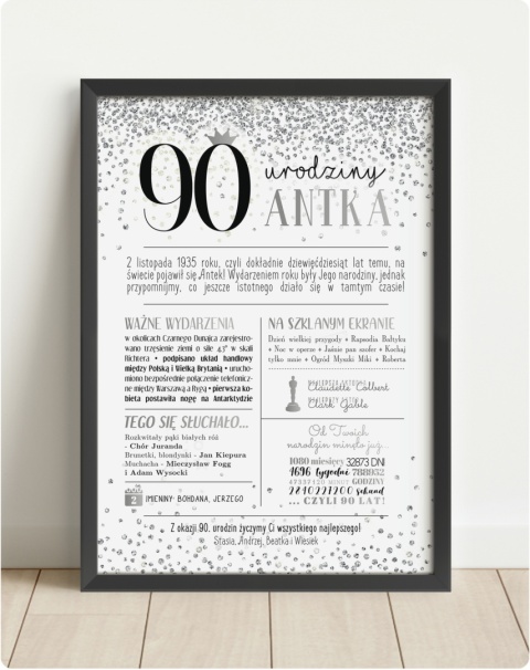 PREZENT na 90 URODZINY dziewięćdziesiątkę - PERSONALIZOWANY PLAKAT