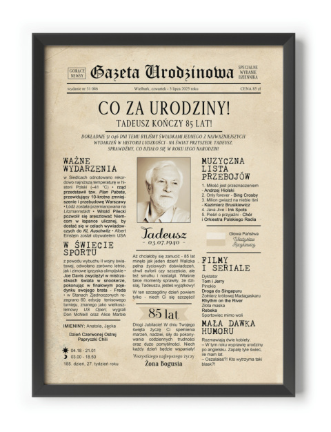 PREZENT na 85 URODZINY oryginalny - PERSONALIZOWANY PLAKAT