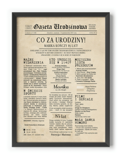 PREZENT na 85 URODZINY oryginalny - PERSONALIZOWANY PLAKAT