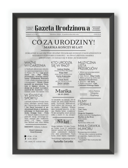 PREZENT na 85 URODZINY oryginalny - PERSONALIZOWANY PLAKAT