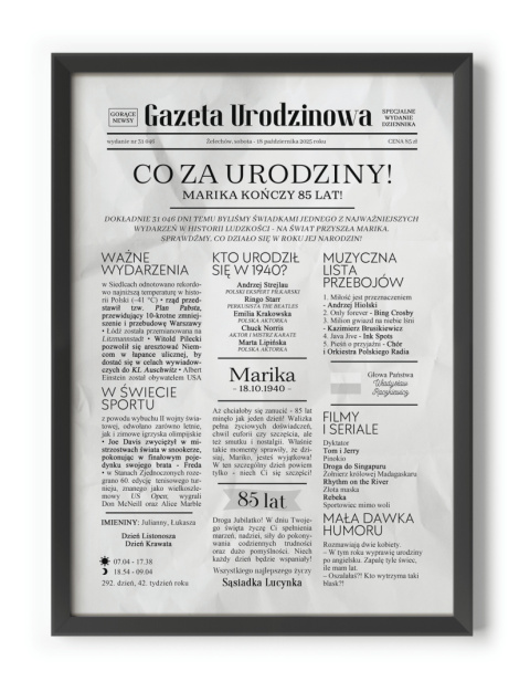 PREZENT na 85 URODZINY oryginalny - PERSONALIZOWANY PLAKAT