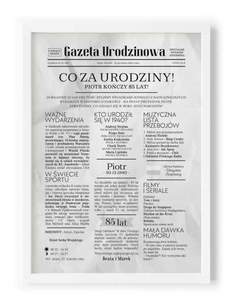 PREZENT na 85 URODZINY oryginalny - PERSONALIZOWANY PLAKAT