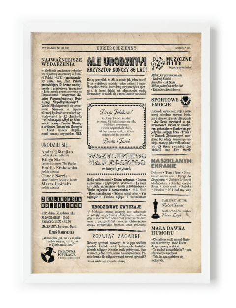 PREZENT na 85 URODZINY oryginalny - PERSONALIZOWANY PLAKAT