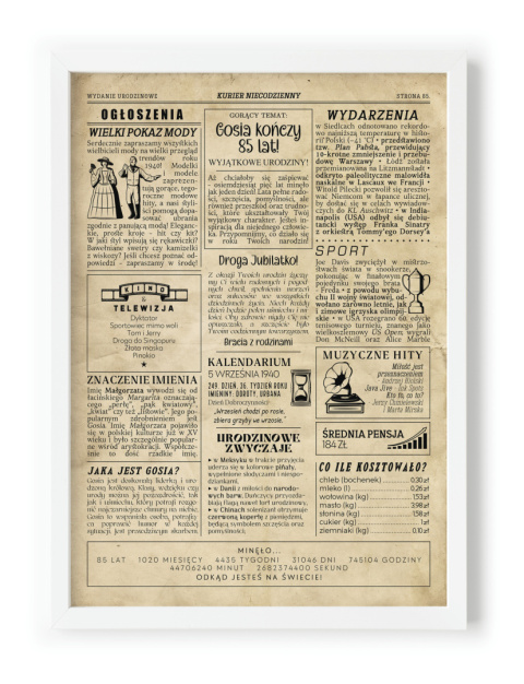 PREZENT na 85 URODZINY oryginalny - PERSONALIZOWANY PLAKAT