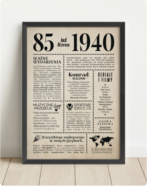 PREZENT na 85 URODZINY oryginalny - PERSONALIZOWANY PLAKAT