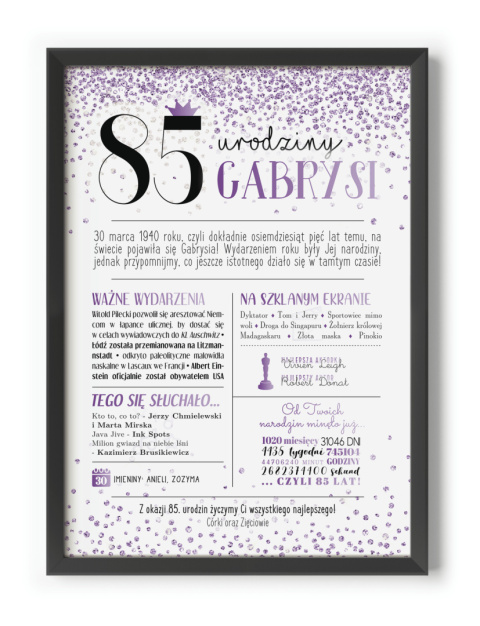 PREZENT na 85 URODZINY oryginalny - PERSONALIZOWANY PLAKAT