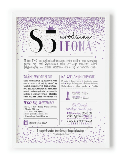 PREZENT na 85 URODZINY oryginalny - PERSONALIZOWANY PLAKAT