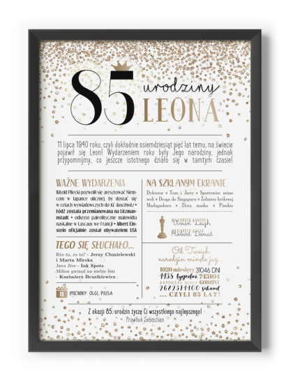 PREZENT na 85 URODZINY oryginalny - PERSONALIZOWANY PLAKAT