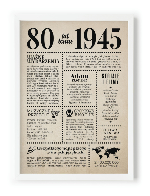 PREZENT na 80 URODZINY na osiemdziesiątkę PERSONALIZOWANY PLAKAT