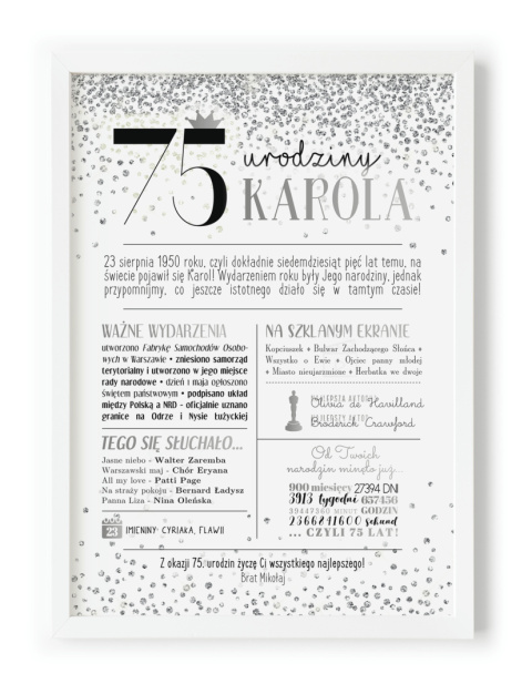 PREZENT na 75 URODZINY oryginalny PERSONALIZOWANY PLAKAT