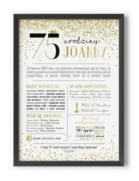 PREZENT na 75 URODZINY oryginalny PERSONALIZOWANY PLAKAT