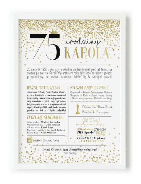 PREZENT na 75 URODZINY oryginalny PERSONALIZOWANY PLAKAT