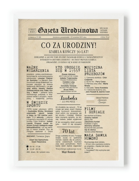 PREZENT na 70 URODZINY na siedemdziesiątkę PERSONALIZOWANY PLAKAT