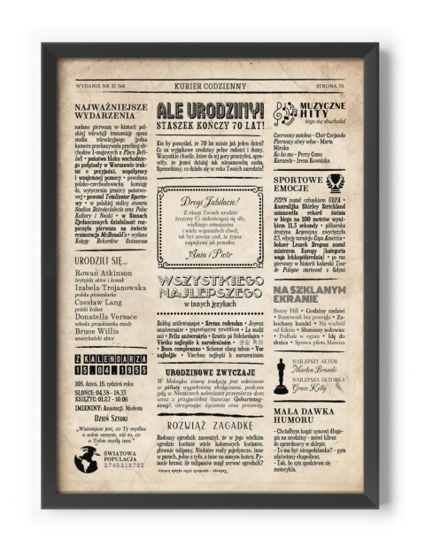 PREZENT na 70 URODZINY na siedemdziesiątkę PERSONALIZOWANY PLAKAT