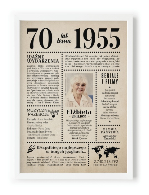 PREZENT na 70 URODZINY na siedemdziesiątkę PERSONALIZOWANY PLAKAT