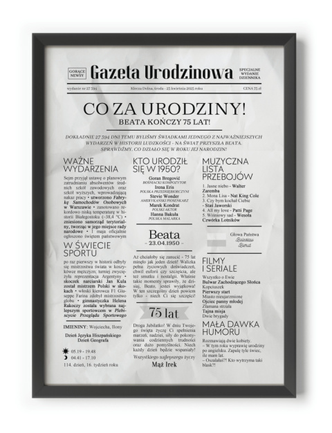 PREZENT na 75 URODZINY oryginalny PERSONALIZOWANY PLAKAT