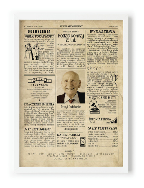 PREZENT na 75 URODZINY oryginalny PERSONALIZOWANY PLAKAT