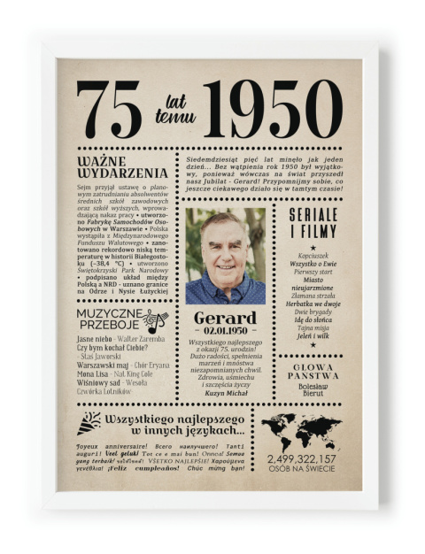 PREZENT na 75 URODZINY oryginalny PERSONALIZOWANY PLAKAT